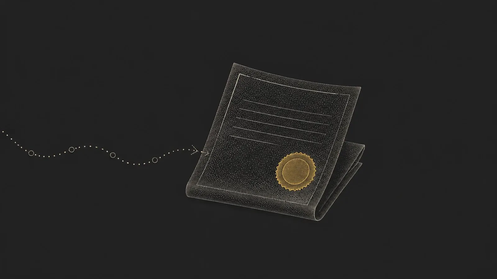 Illustrazione a punti: un documento con un sigillo dorato raggiunto da un percorso tratteggiato
