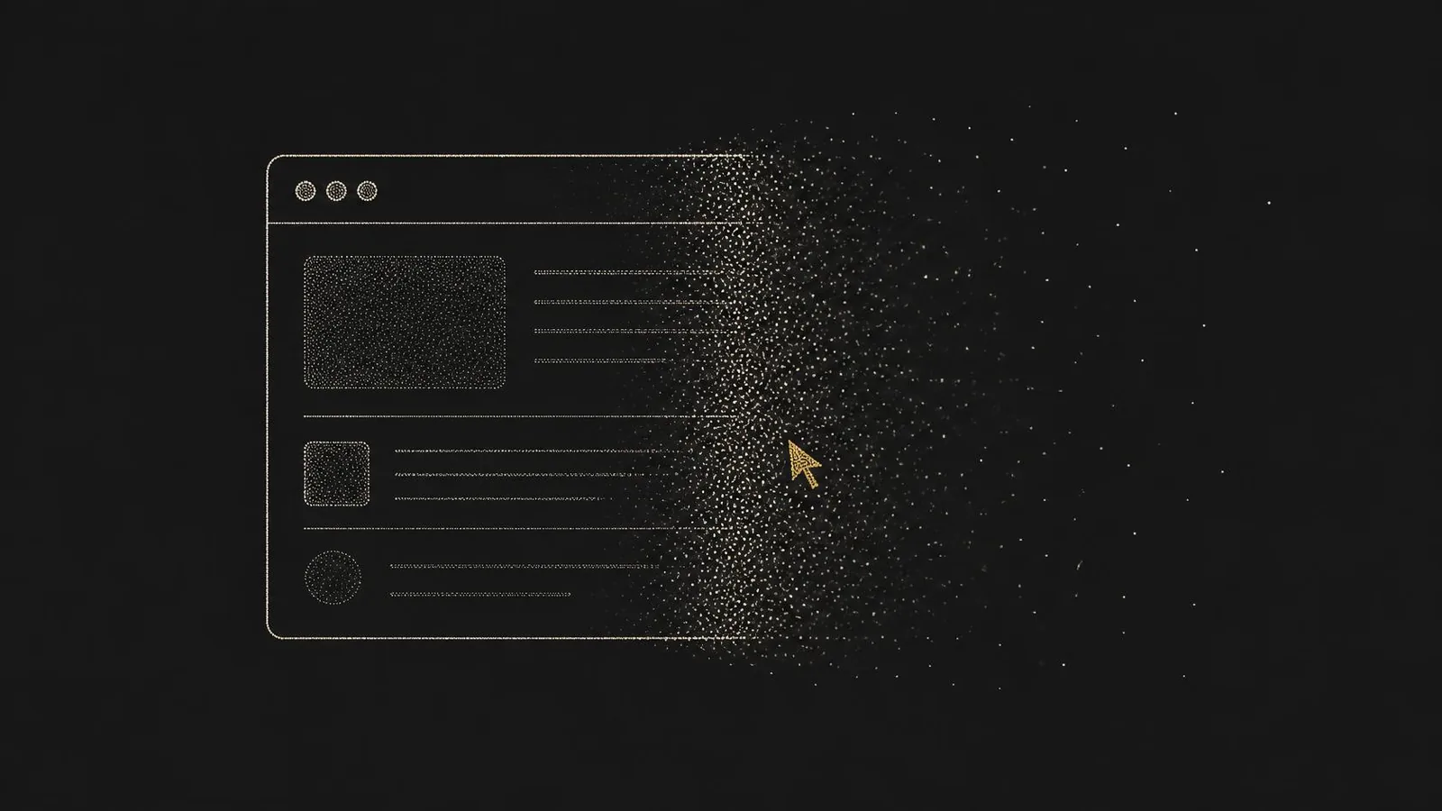 Illustrazione a punti: una pagina web che si dissolve verso destra, con un cursore dorato