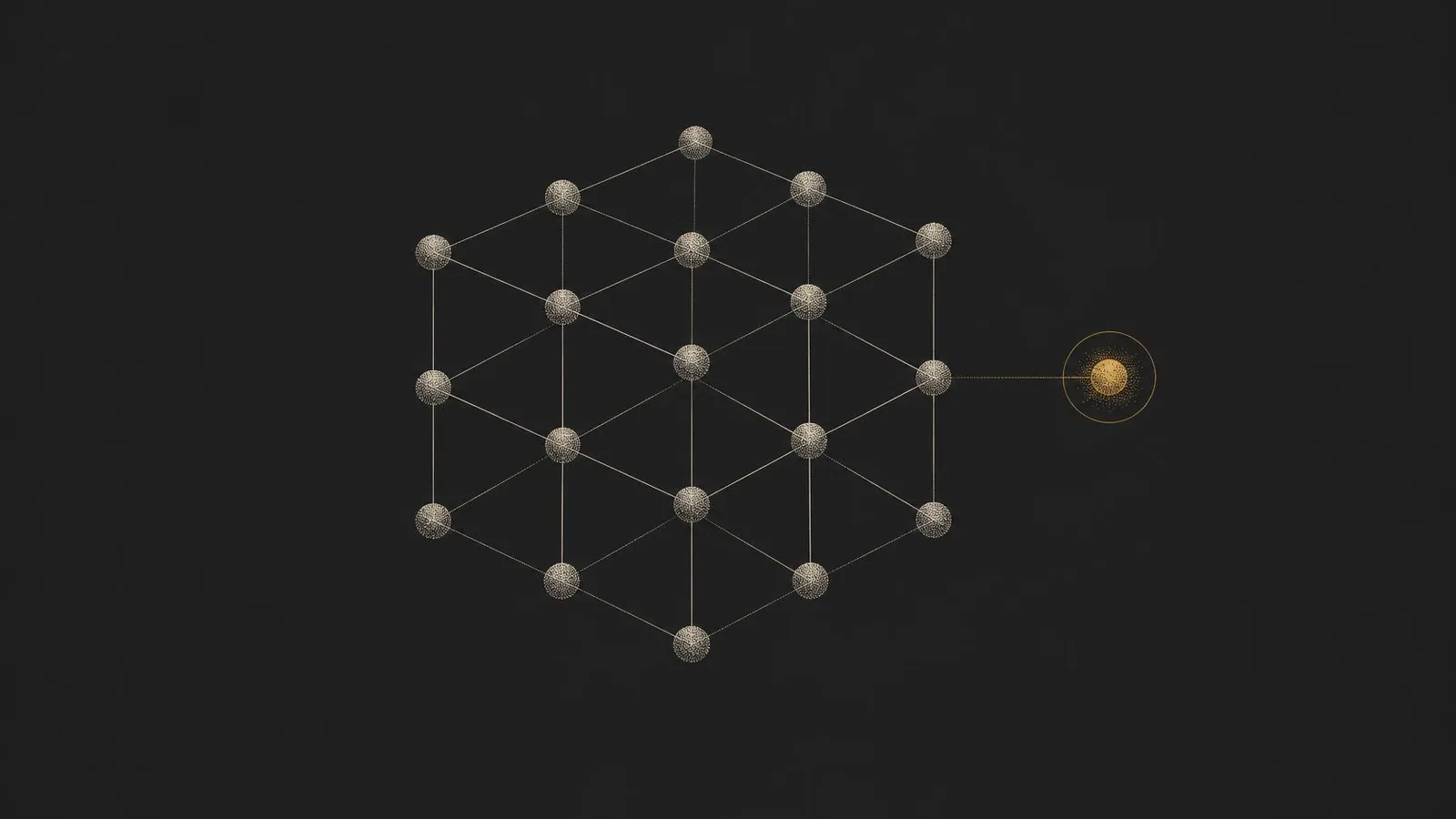 Illustrazione a punti: una rete di nodi con un nodo dorato separato dagli altri